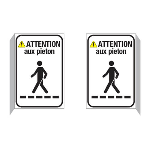 Affiche - Attention piéton - Porte-à-Faux - Recto Verso - Aluminium 0.064 - Vinyle régulier Imprimé Laminé Glacé - 12x18 - STANDARD