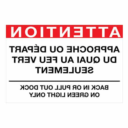 Affiche - LETTRAGE MIROIR - Attention, approche ou départ du quai - Acier galvanisé 14G - Vinyle régulier imprimé laminé glacé - 36x24 - STANDARD IZ